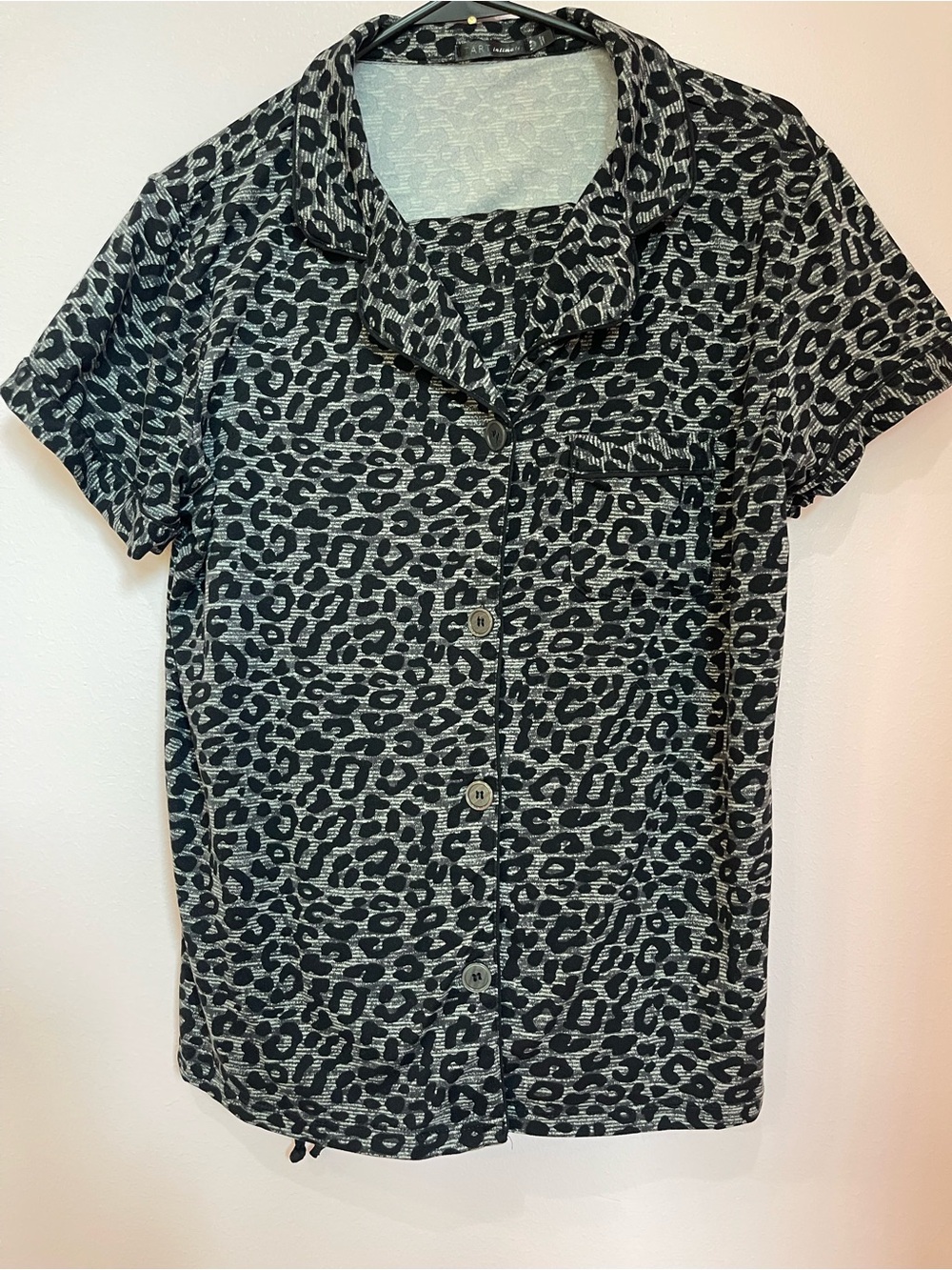 Leopard Print Short-Sleeve Button Front Pajama Top - Black & Gray